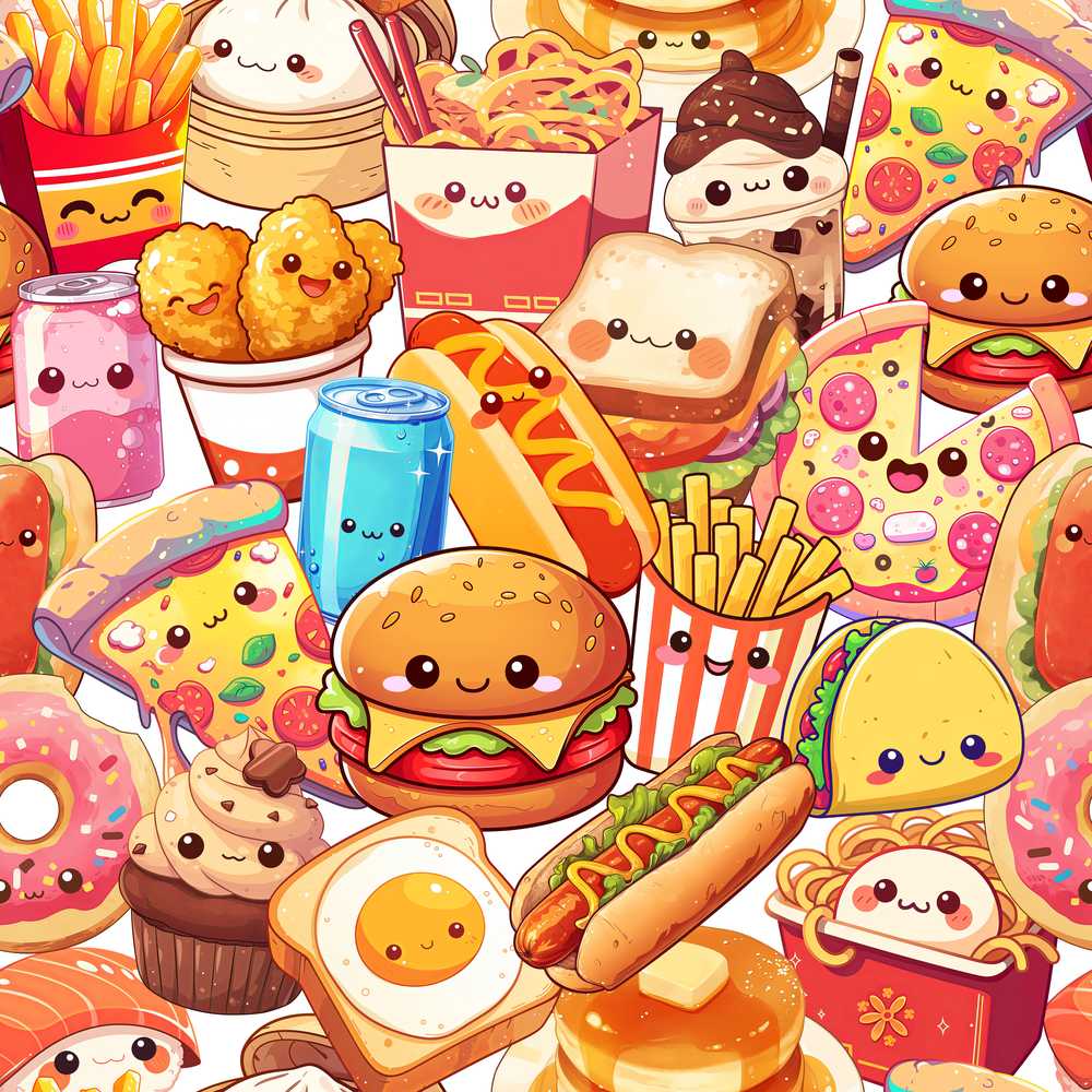 Cute Kawaii Fast Food Junk Food Snack Collage White Background