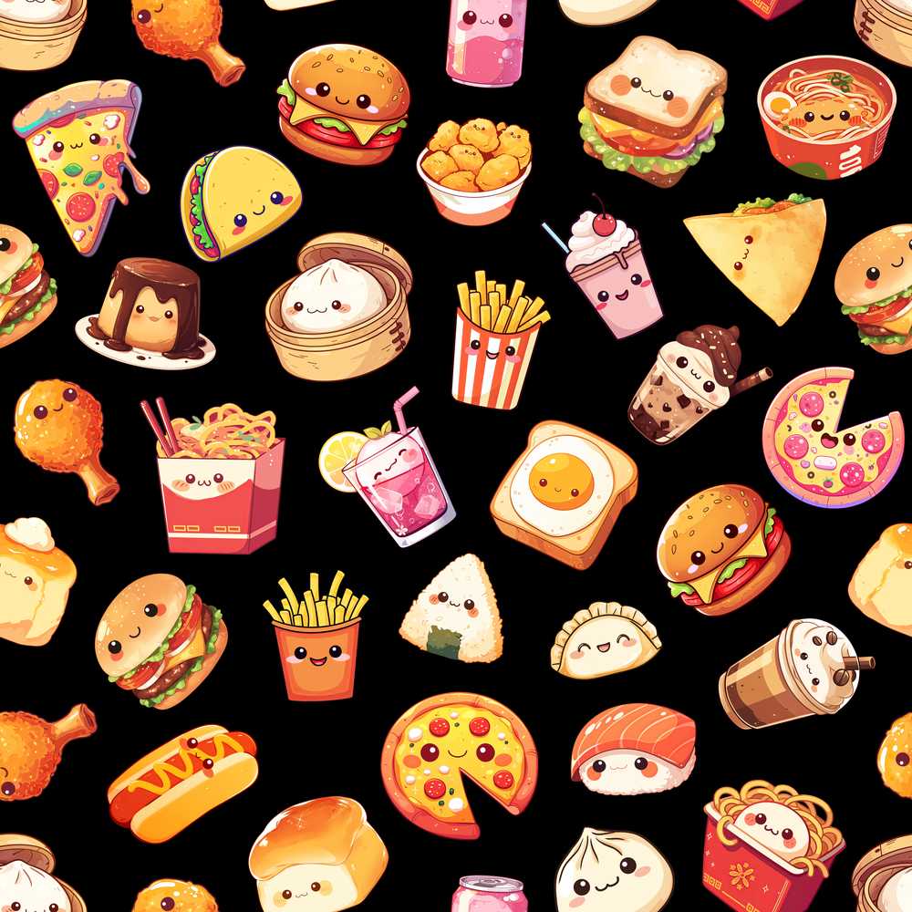 Cute Kawaii Fast Food Sushi Dessert Snacks Black Background
