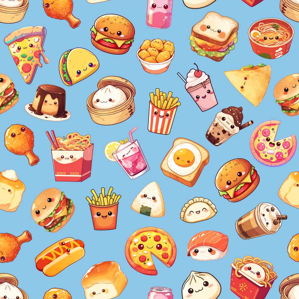 Cute Kawaii Fast Food Sushi Dessert Snacks Blue Background