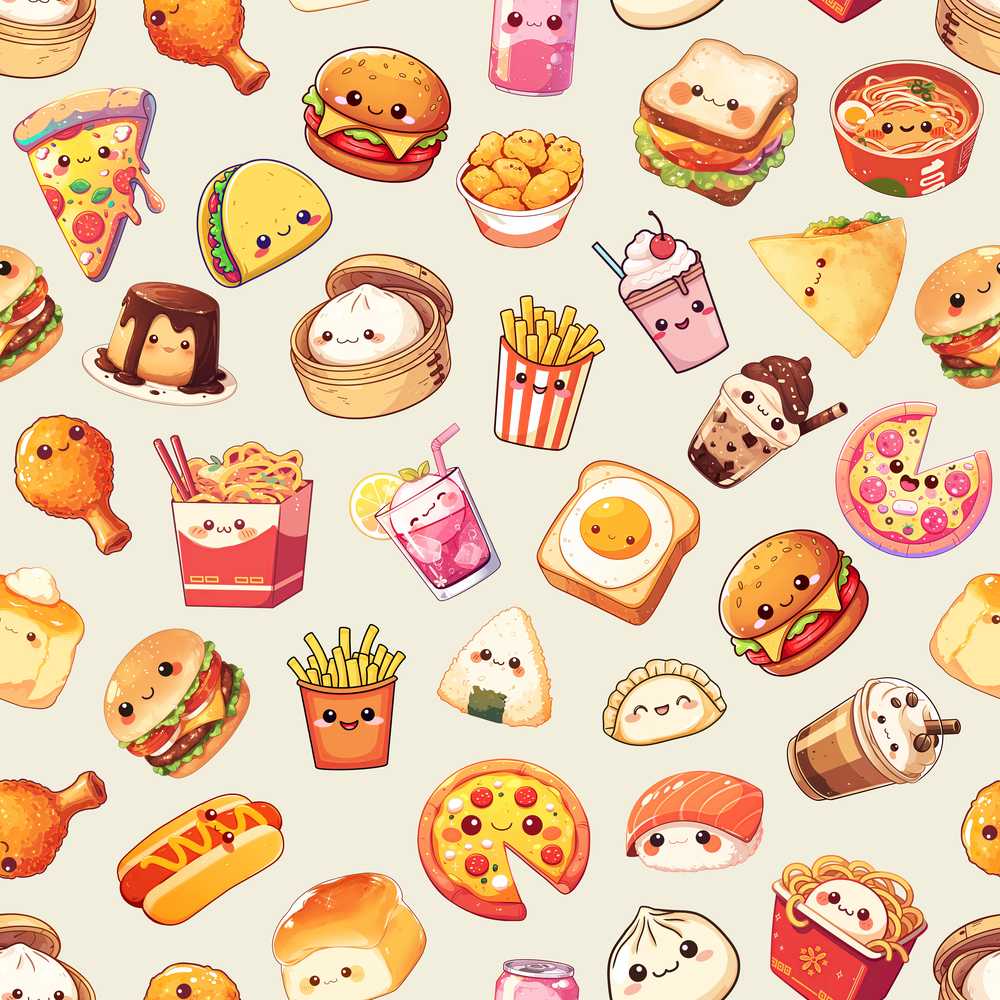 Cute Kawaii Fast Food Sushi Dessert Snacks Cream Background