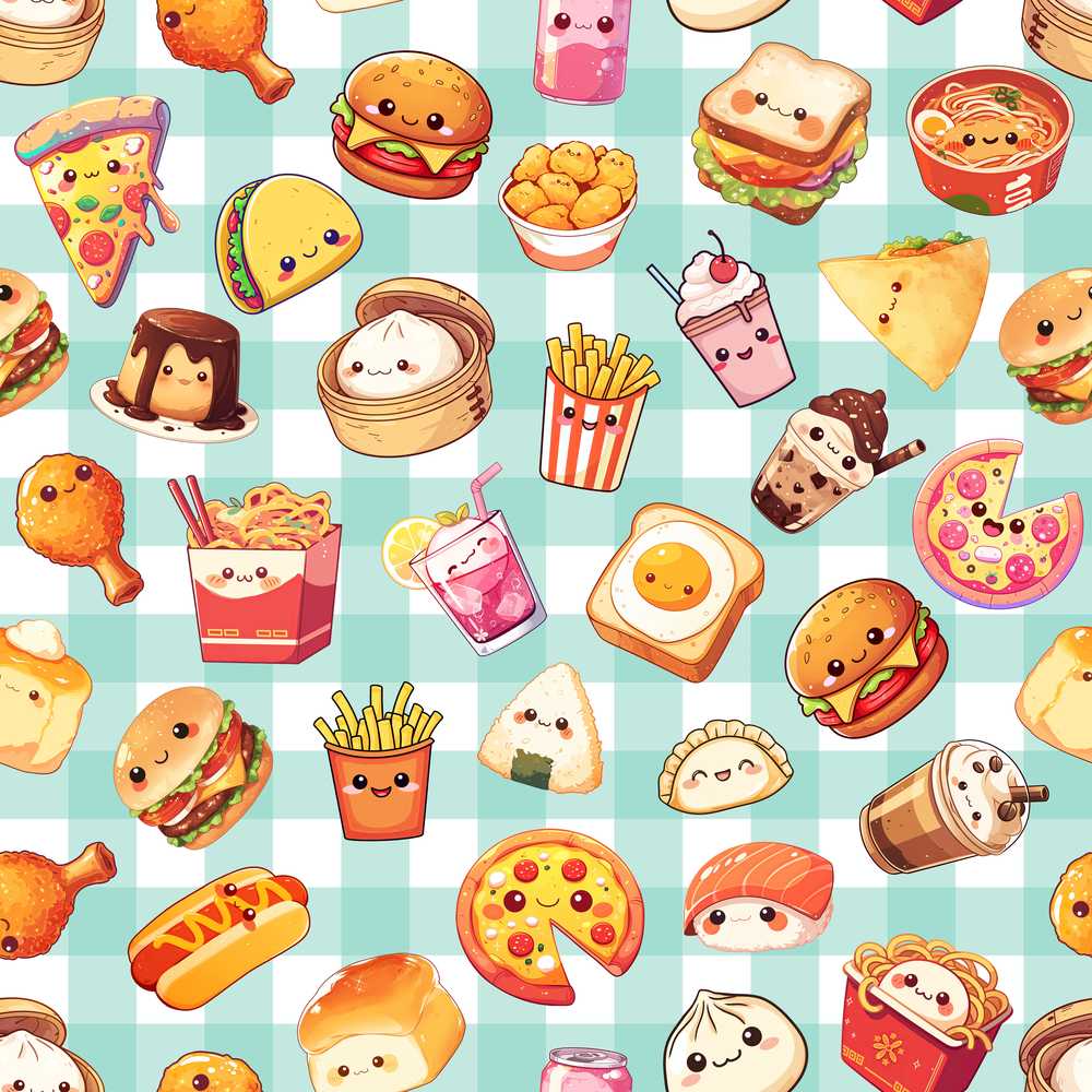 Cute Kawaii Fast Food Snacks Gingham Picnic Mint Background