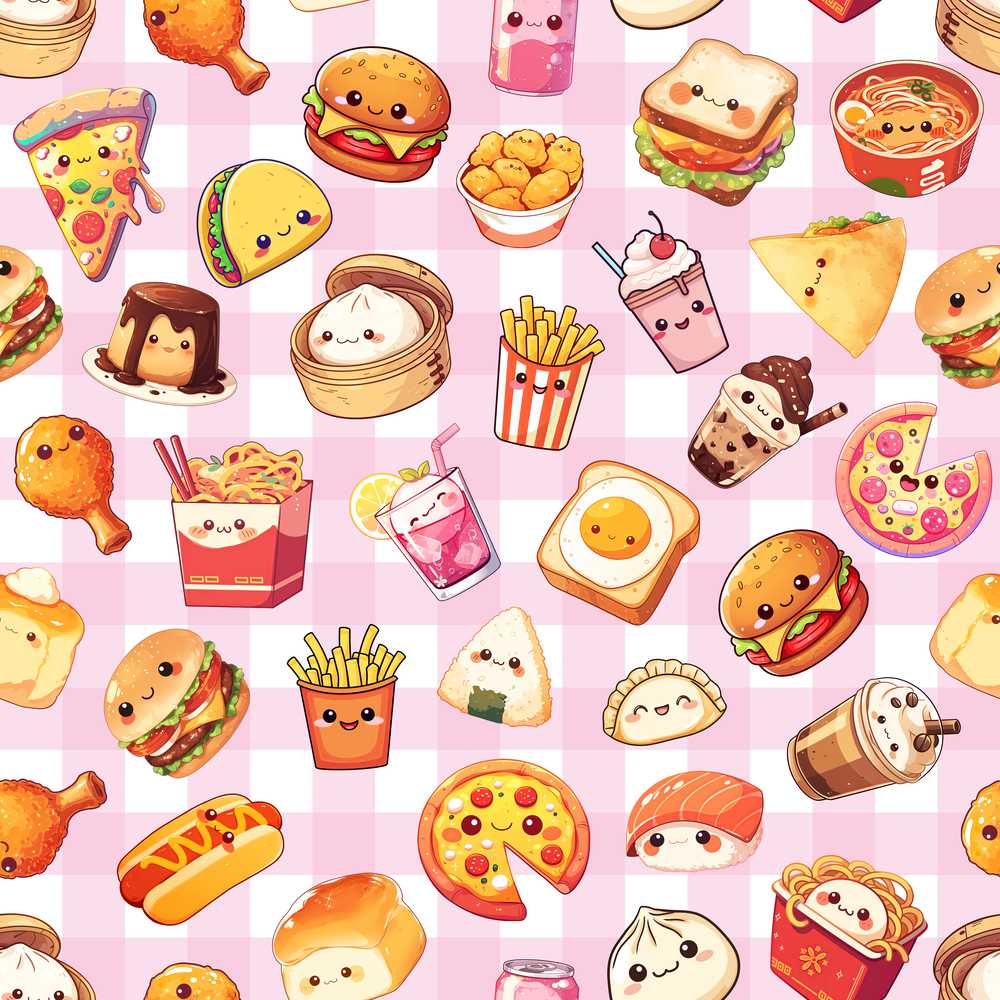 Cute Kawaii Fast Food Snacks Gingham Picnic Pink Background
