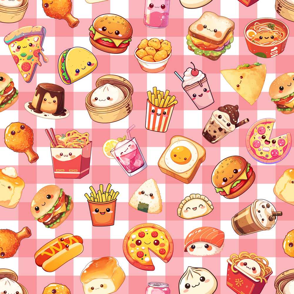 Cute Kawaii Fast Food Snacks Gingham Picnic Red Background