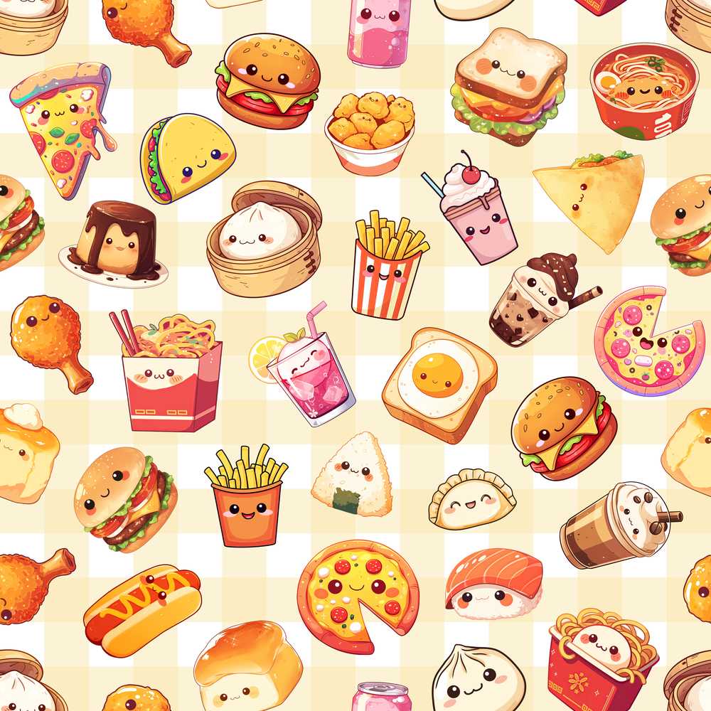 Cute Kawaii Fast Food Snacks Gingham Picnic Beige Background