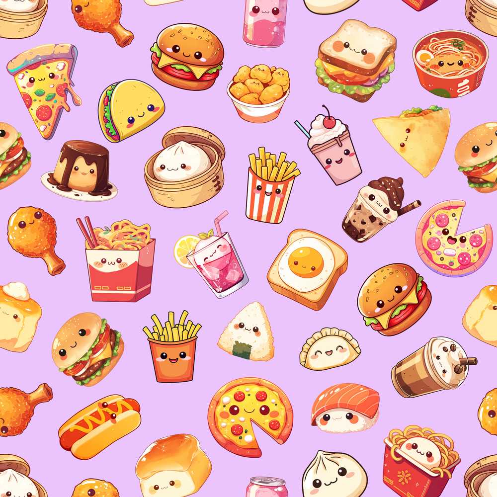 Cute Kawaii Fast Food Snacks Gingham Picnic Purple Background