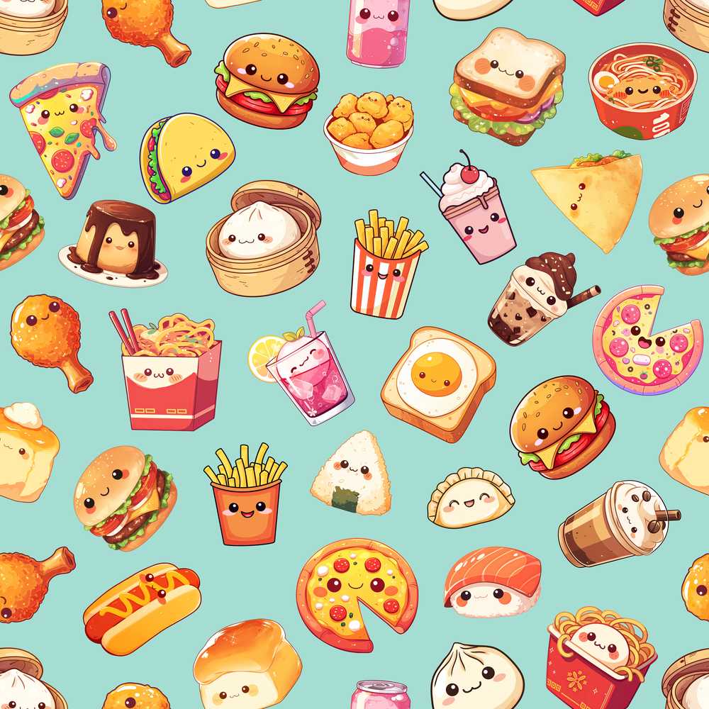 Cute Kawaii Fast Food Snacks Gingham Picnic Teal Background
