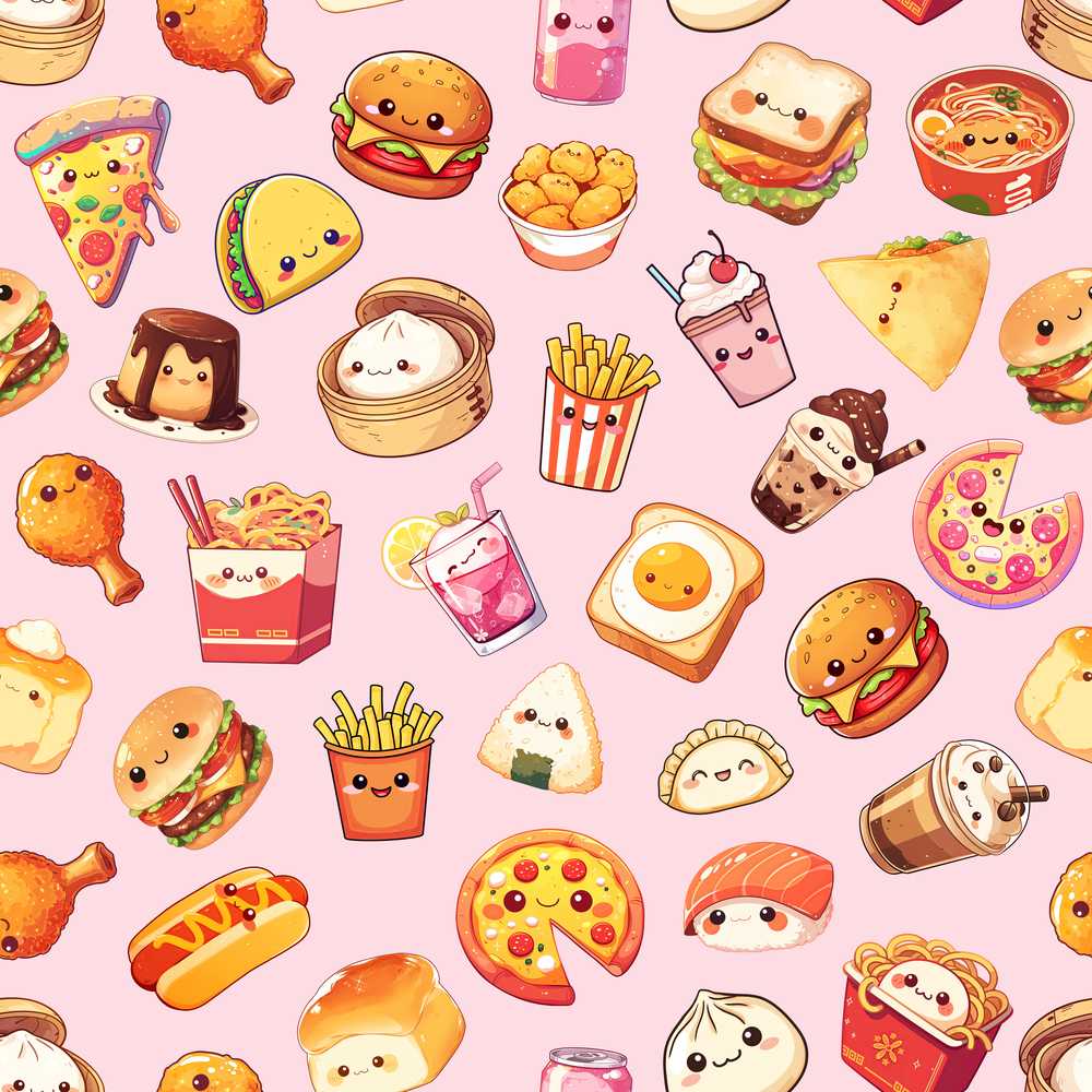 Kawaii Fast Food Snacks Gingham Picnic Soft Pink Background