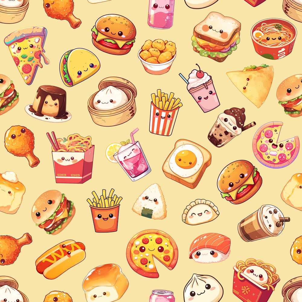 Cute Kawaii Fast Food Snacks Warm Beige Background