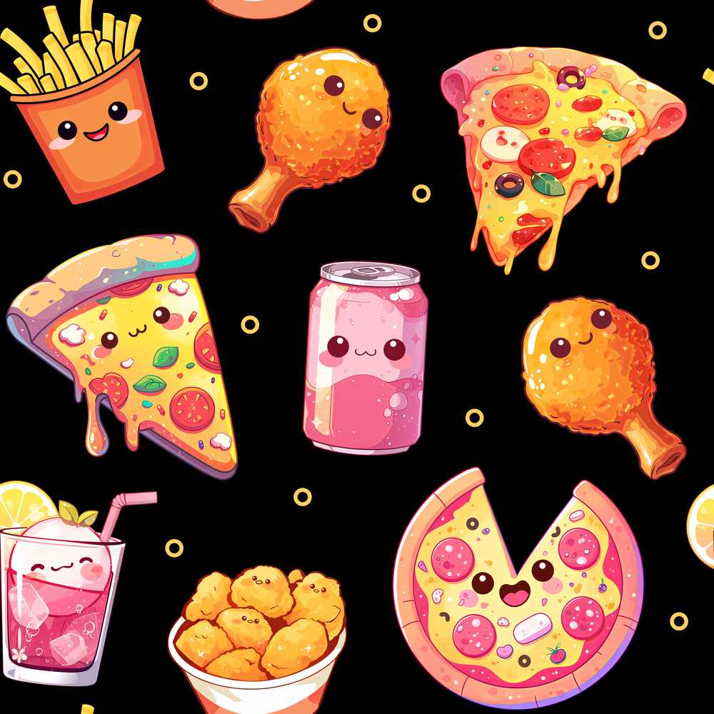 Cute Kawaii Fast Food Pattern with Pizza Fries Chicken Soda