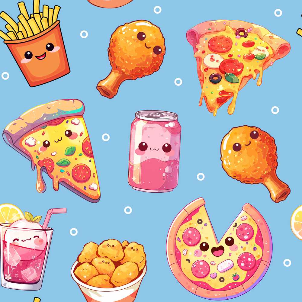 Cute Kawaii Fast Food Pattern with Pizza Fries Chicken Soda