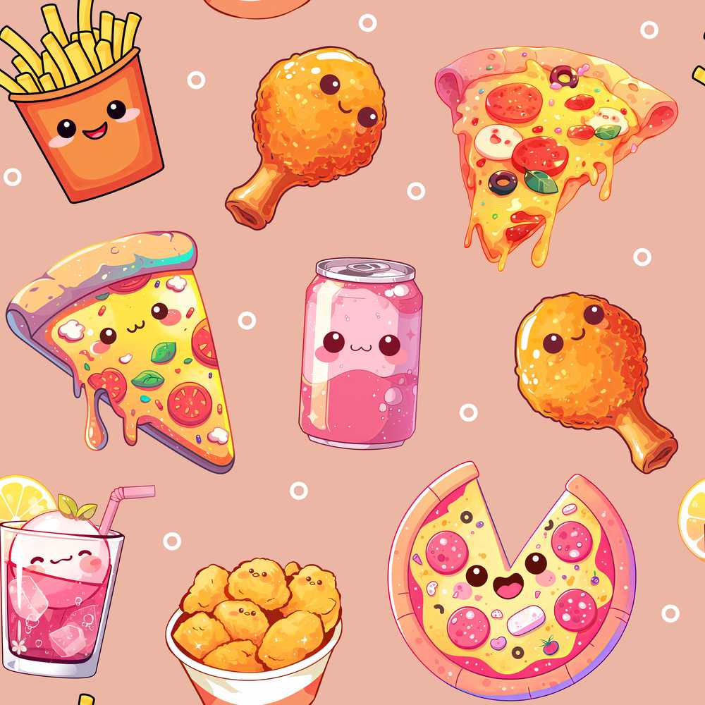 Cute Kawaii Fast Food Pattern with Pizza Fries Chicken Soda