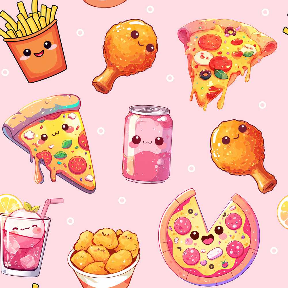 Cute Kawaii Fast Food Pattern with Pizza Chicken Soda Light