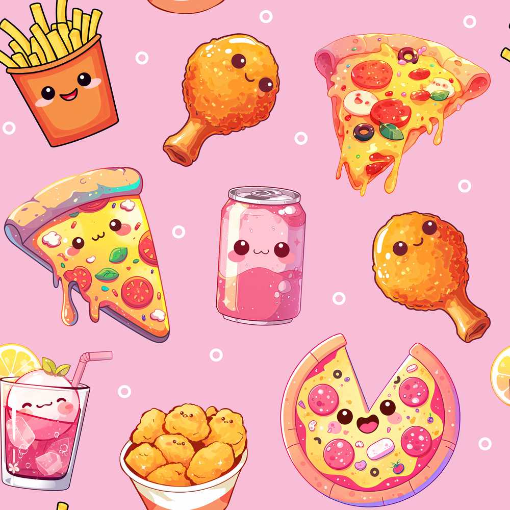 Cute Kawaii Fast Food Pattern with Pizza Chicken Soda Soft