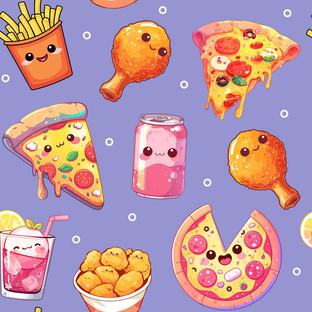 Cute Kawaii Fast Food Pattern with Pizza Fries Chicken Soda