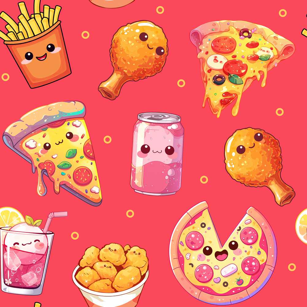 Cute Kawaii Fast Food Pattern with Pizza Fries Chicken Soda