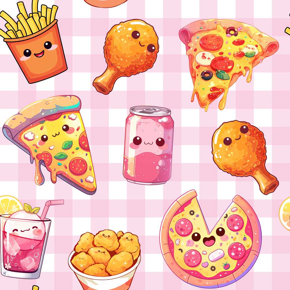 Cute Kawaii Fast Food Pattern with Pizza Chicken Soda Pink