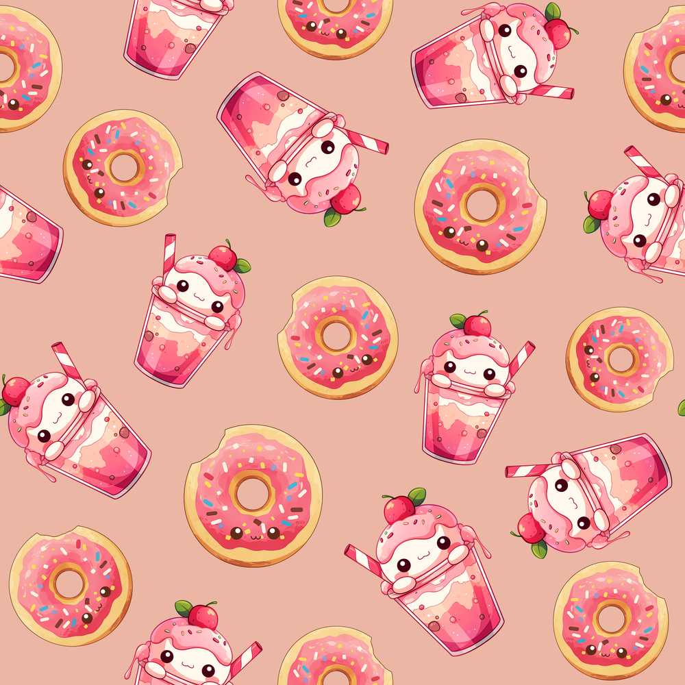 Cute Kawaii Donut and Strawberry Drink Peach Background