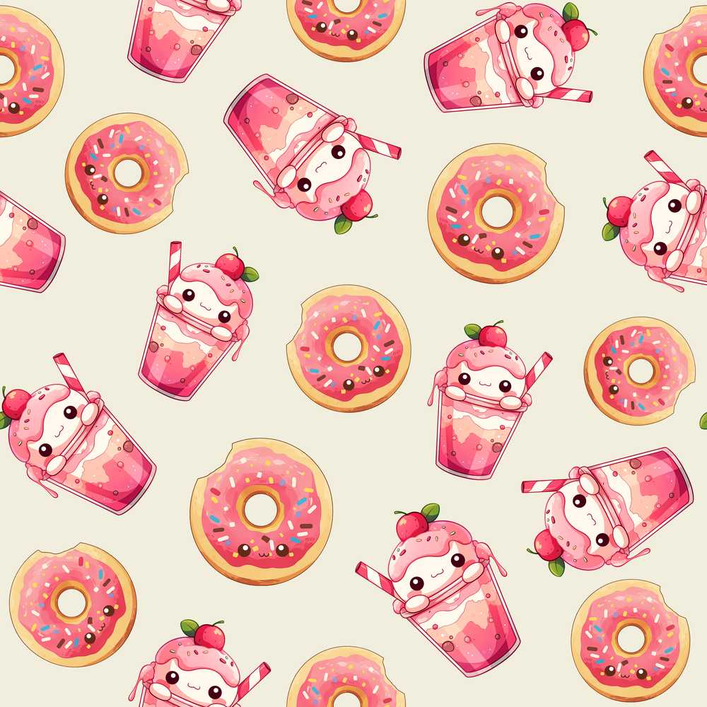 Cute Kawaii Donut and Strawberry Drink Cream Background