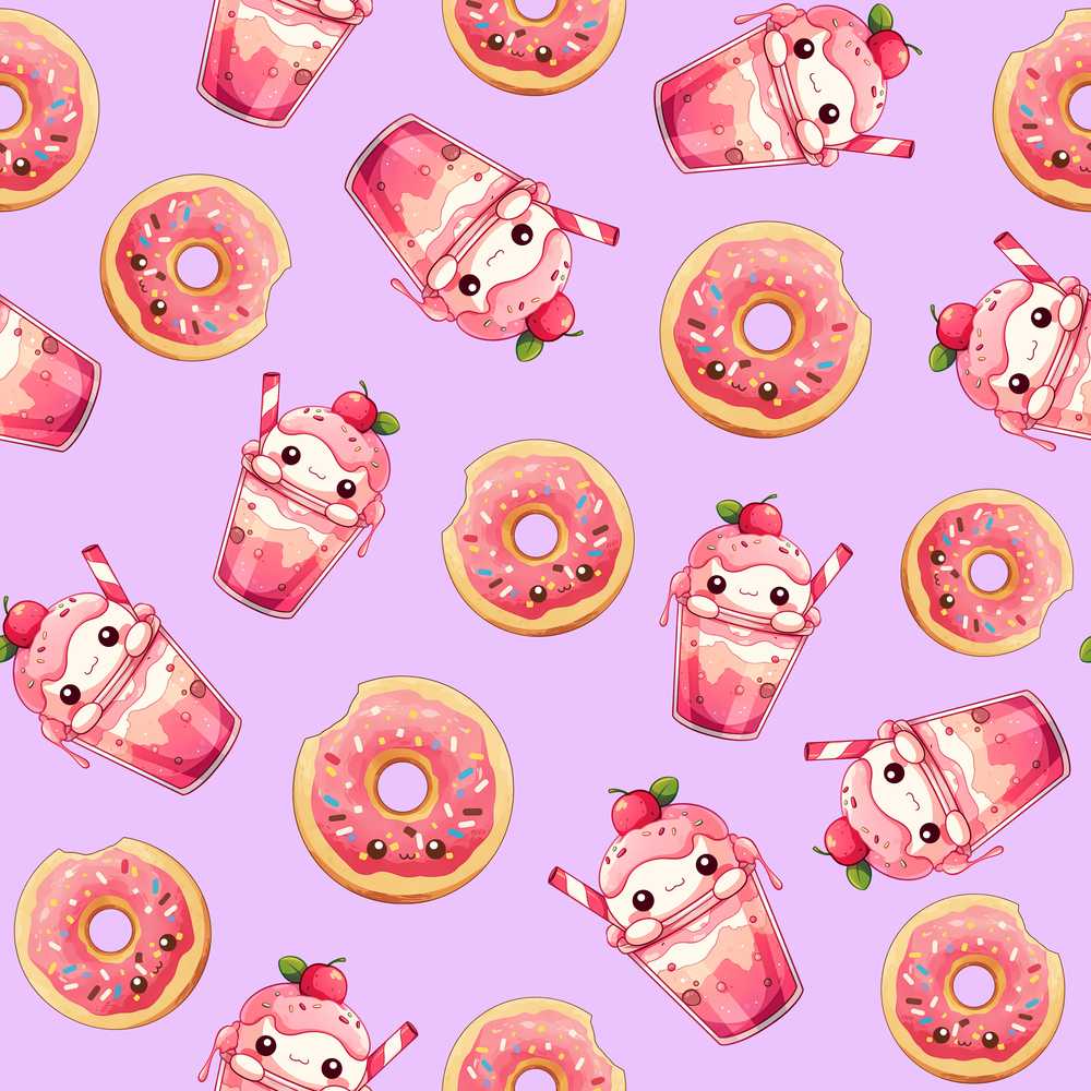 Cute Kawaii Donut and Strawberry Drink Purple Background
