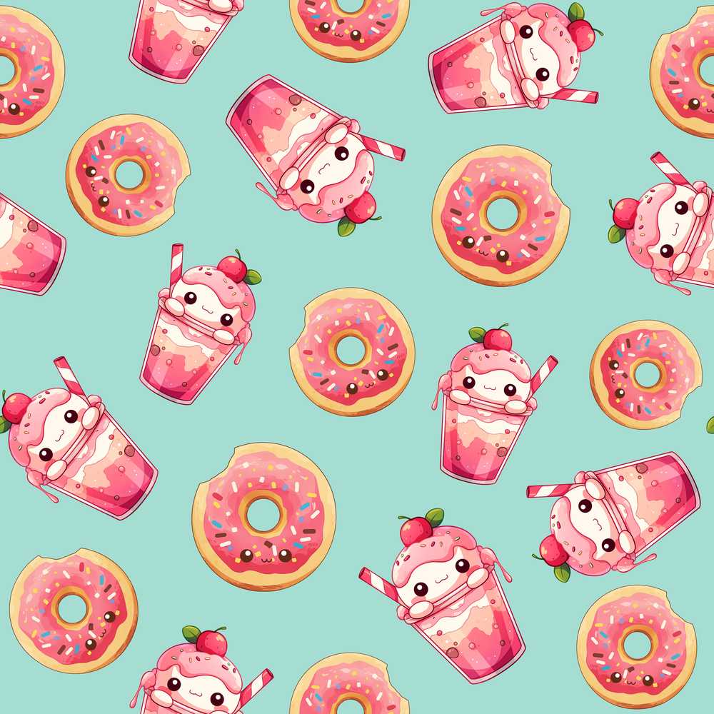 Cute Kawaii Donut and Strawberry Drink Pattern Teal Background