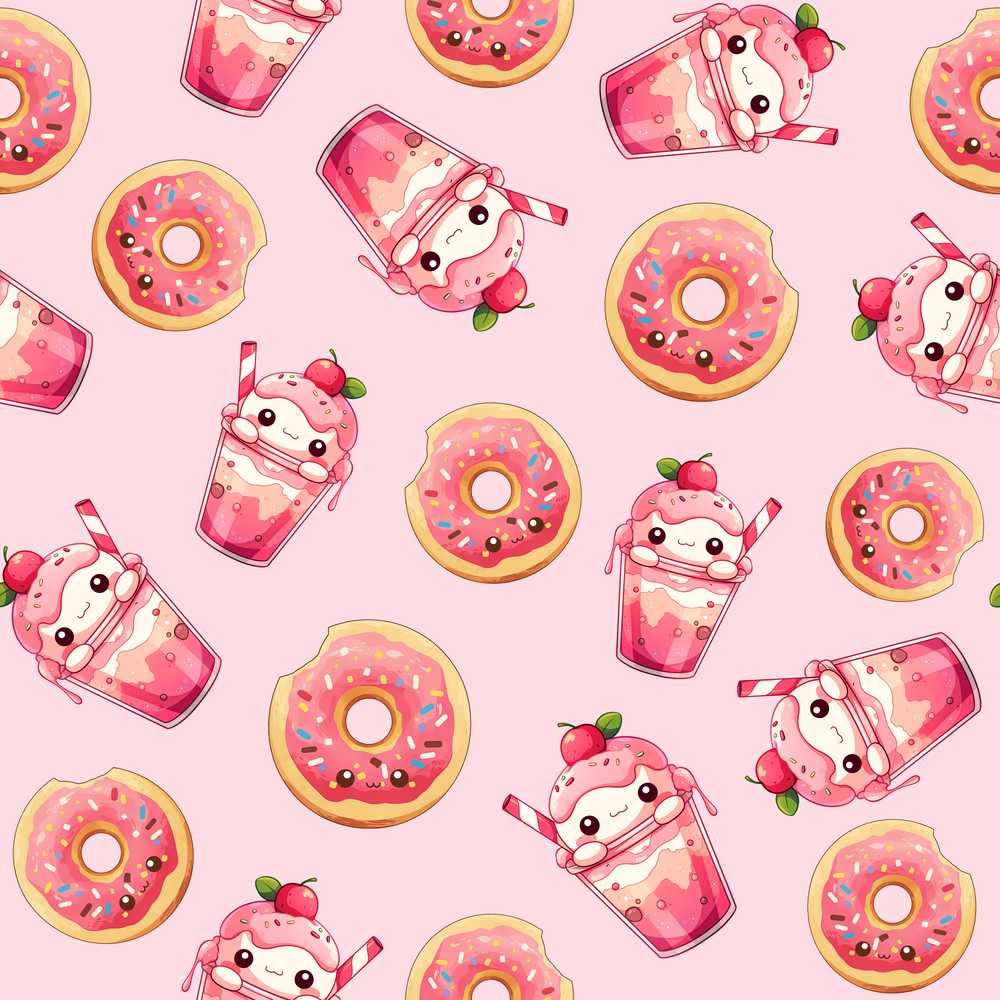 Cute Kawaii Donut and Strawberry Drink Pattern Soft Pink Background