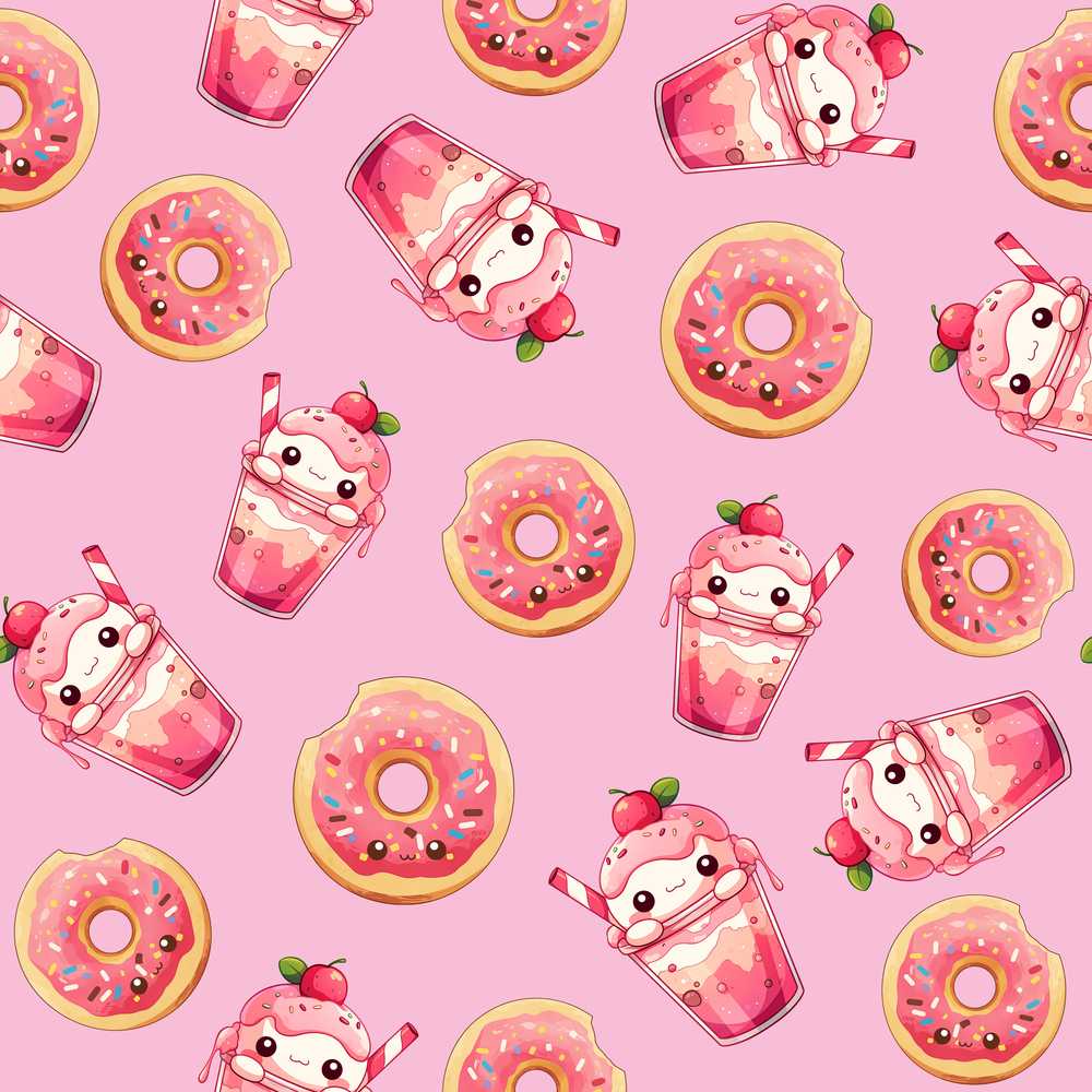 Cute Kawaii Donut and Strawberry Drink Pattern Blush Pink Background