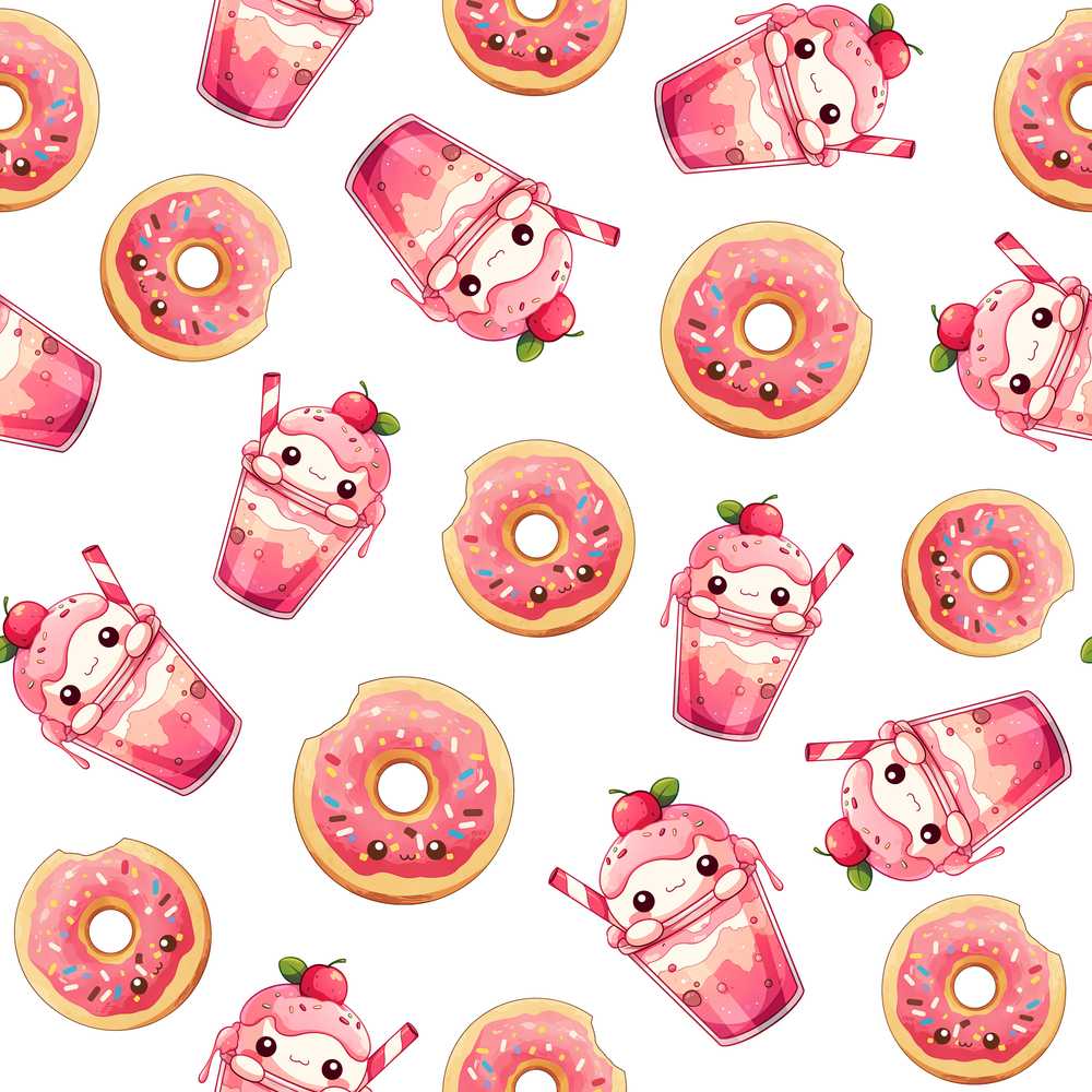 Cute Kawaii Donut and Strawberry Drink Pattern Light Grey Background