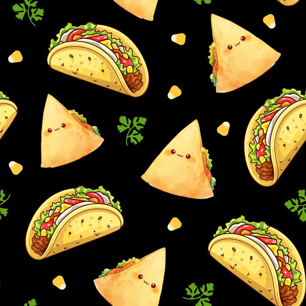 Cute Kawaii Taco and Wrap Food Pattern Black Background