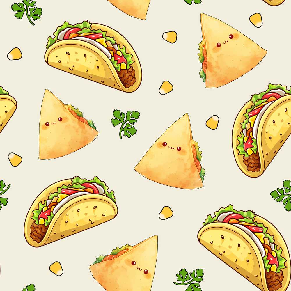 Cute Kawaii Taco and Wrap Food Pattern Light Grey Background