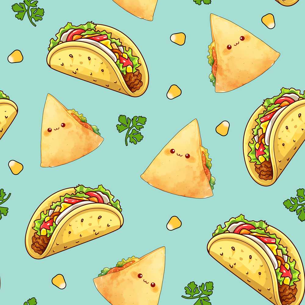 Cute Kawaii Taco and Wrap Food Pattern Teal Background
