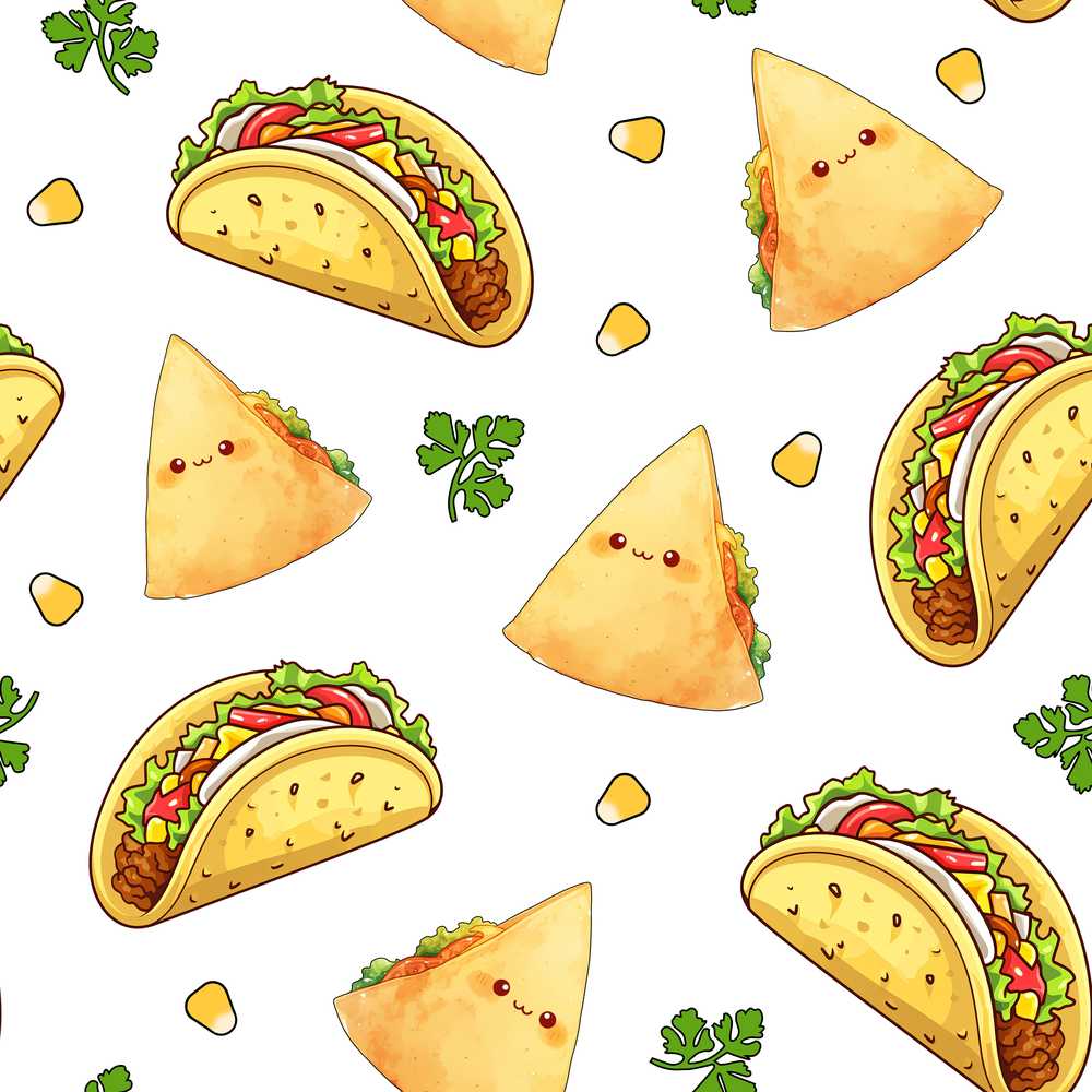 Cute Kawaii Taco and Wrap Food Pattern White Background