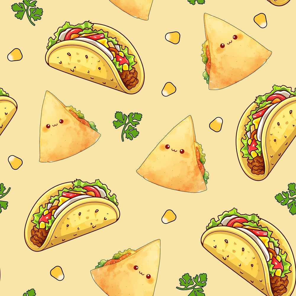 Cute Kawaii Taco and Wrap Food Pattern Yellow Background