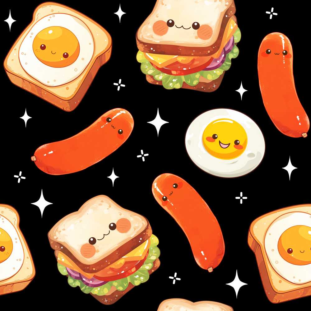Breakfast Food Eggs Sausage Sandwich Black Background Illustration