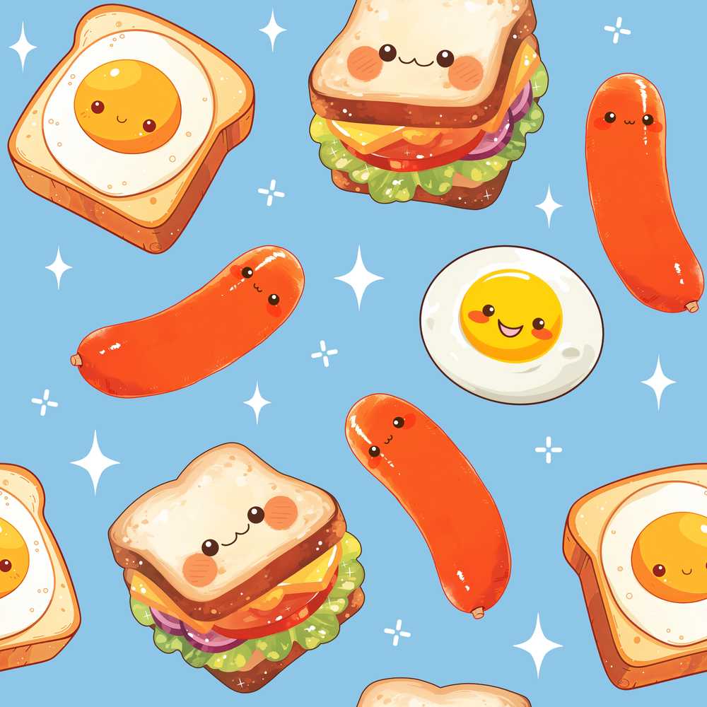 Breakfast Food Eggs Sausage Sandwich Blue Background Illustration