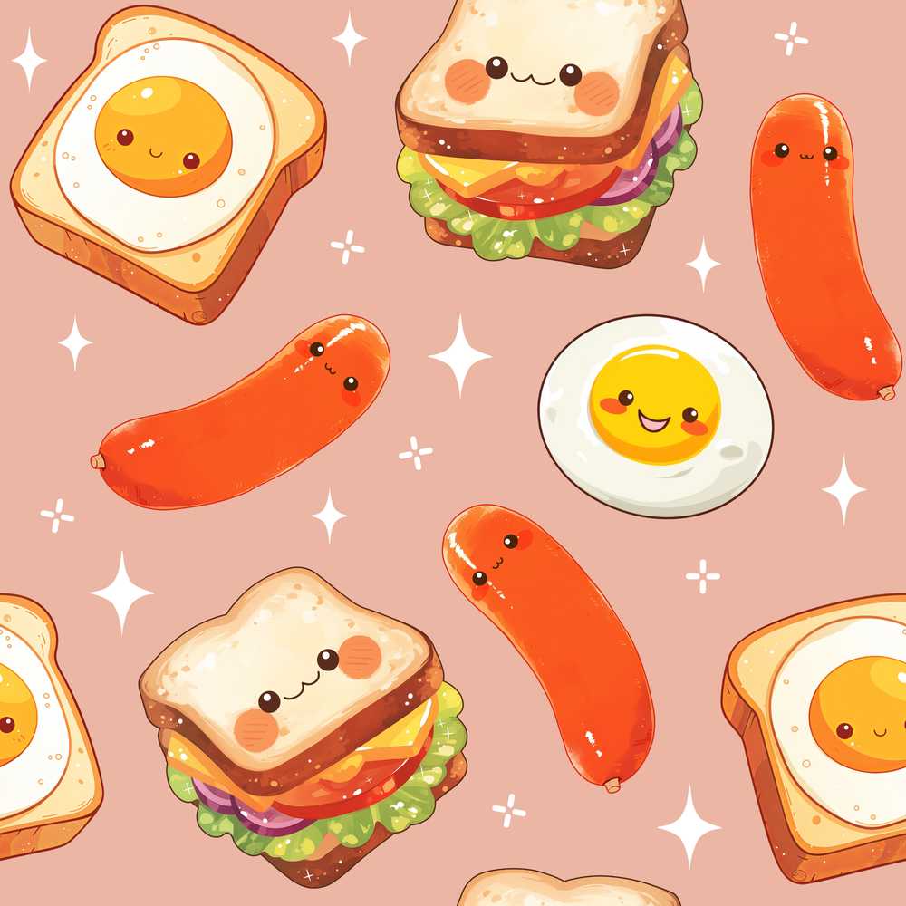 Breakfast Food Eggs Sausage Sandwich Peach Background Illustration