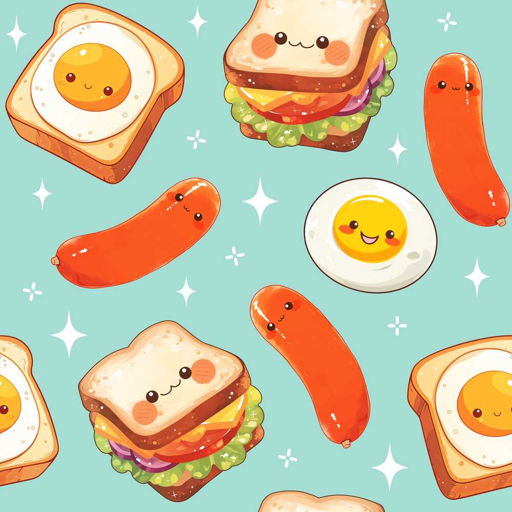 Breakfast Food Eggs Sausage Sandwich Teal Background Illustration