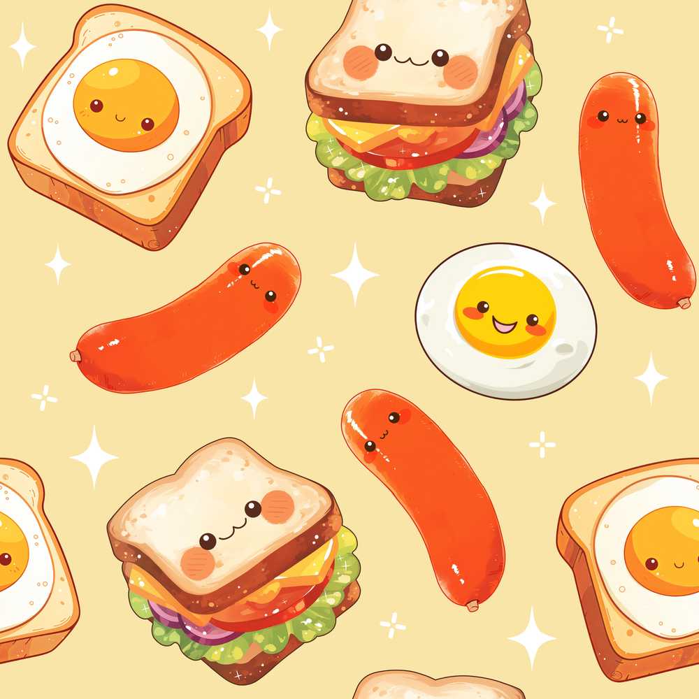Breakfast Food Eggs Sausage Sandwich Yellow Background Illustration