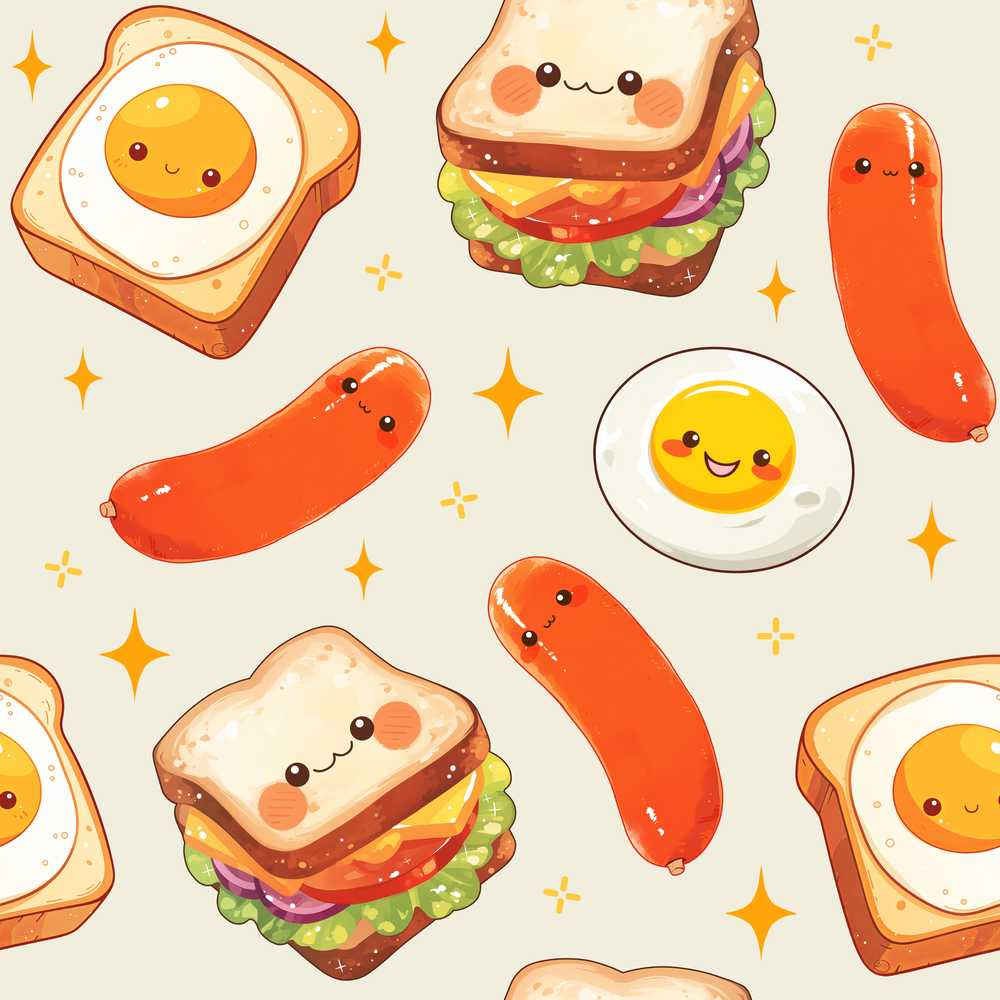 Kawaii Breakfast Food Eggs Sausage Sandwich Cream Background
