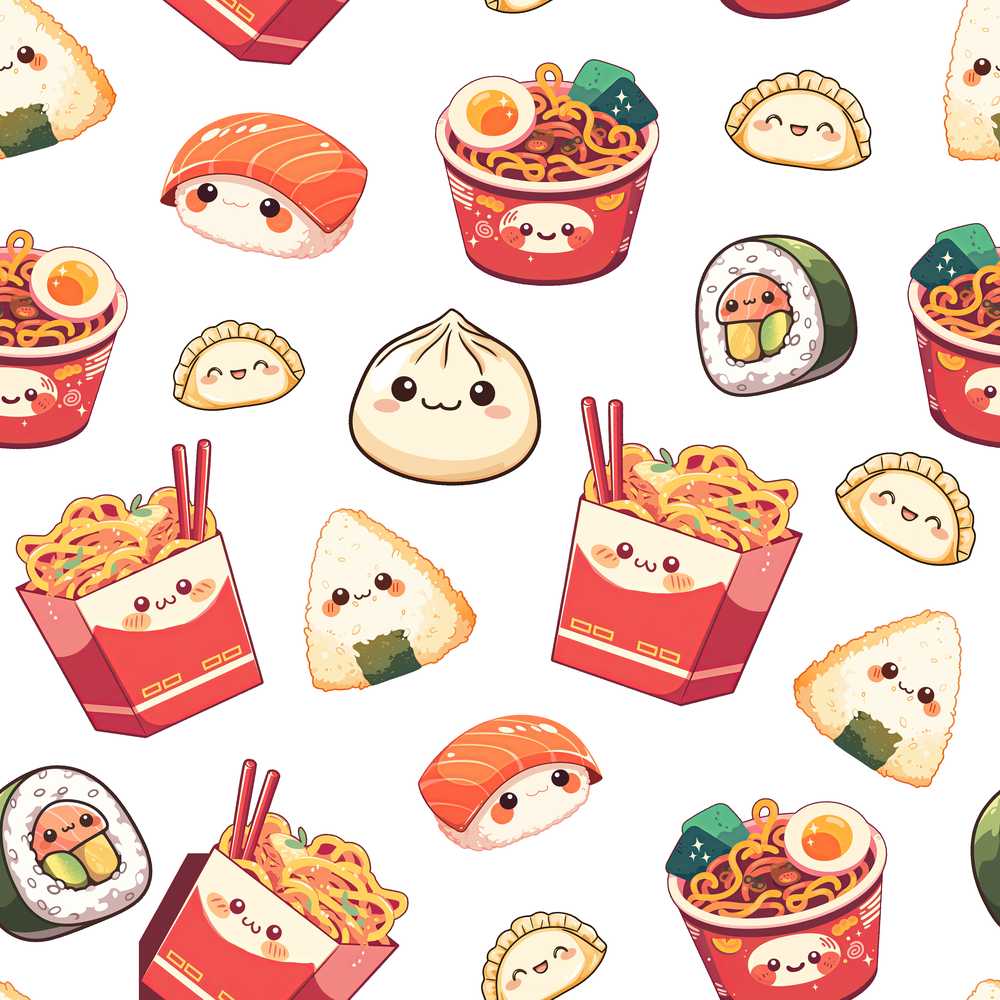 Cute Kawaii Japanese Food Sushi Ramen Dumpling Grey Background