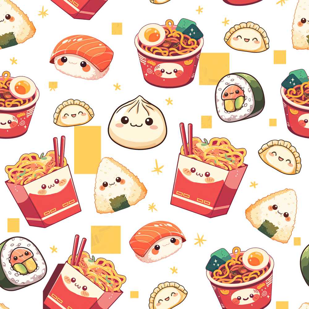 Cute Kawaii Japanese Food Sushi Ramen Dumpling Star Background
