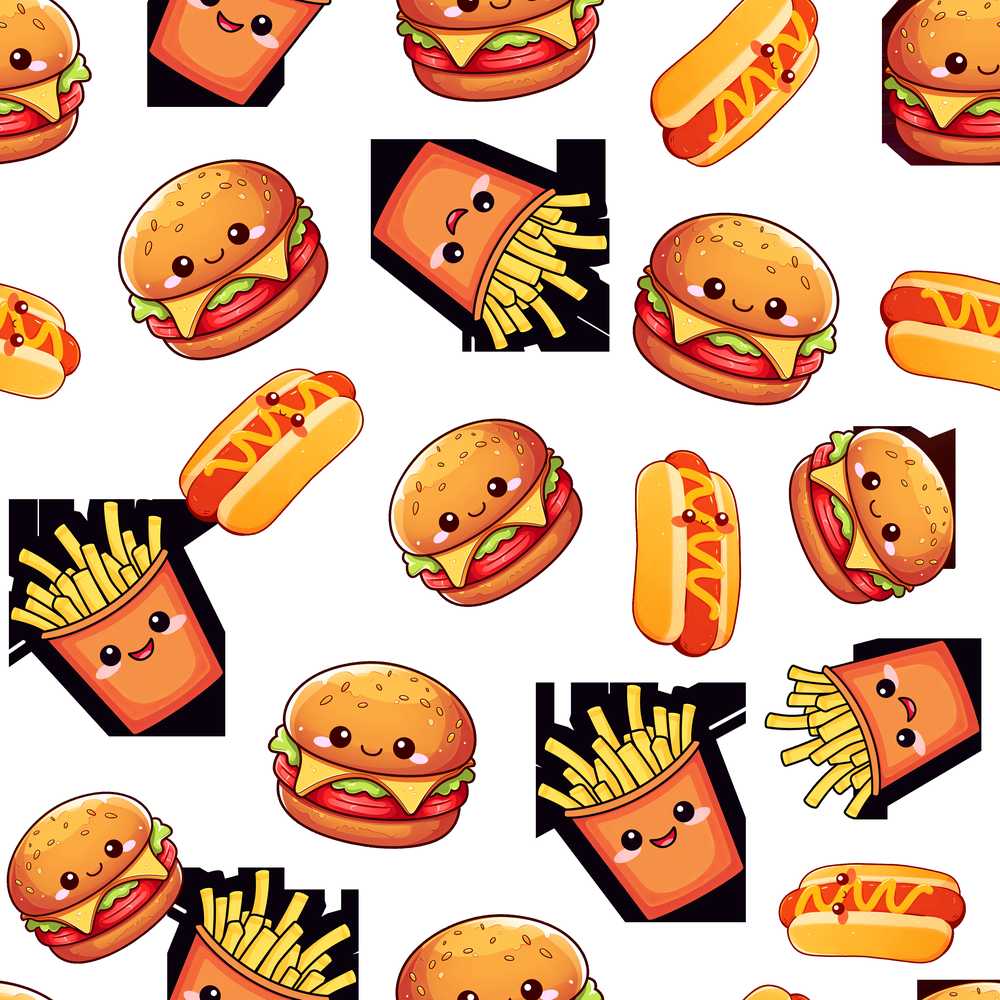 Cute Kawaii Fast Food Burger Fries Hotdog Grey Background