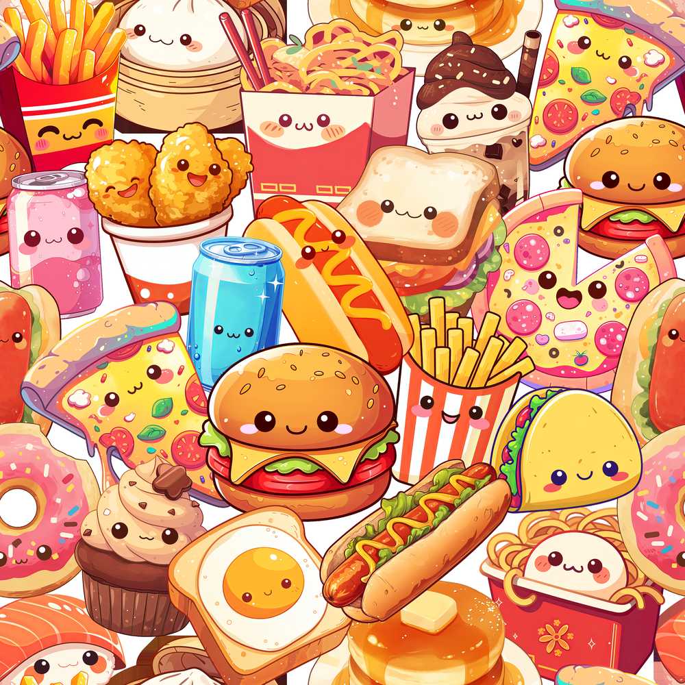 Cute Kawaii Fast Food Mix Pizza Burger Fries Busy Background