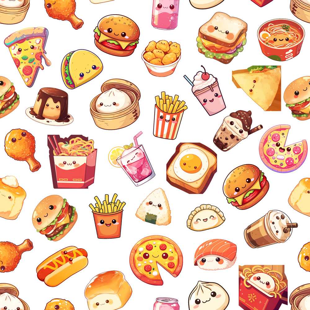 Fast Food Snack Pattern Burger Fries Drink White Background