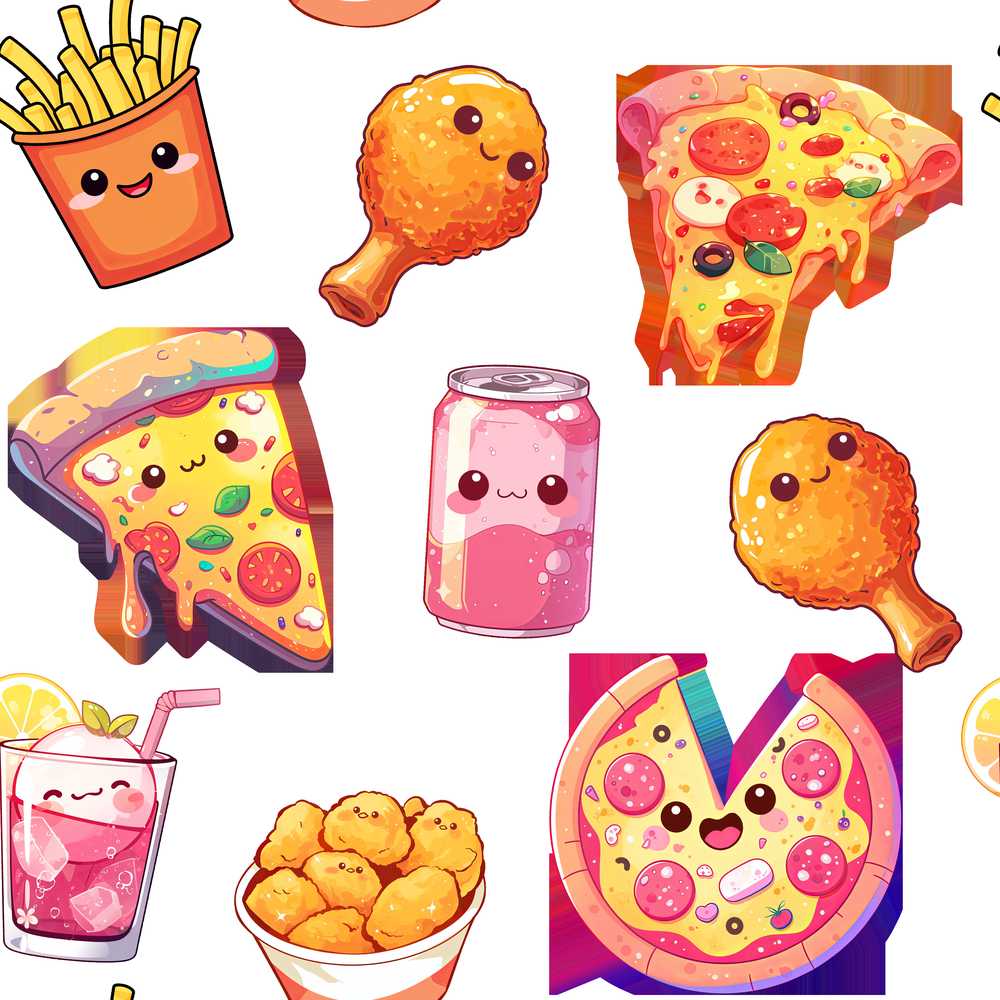 Cute Kawaii Pizza Chicken Soda Fast Food White Background