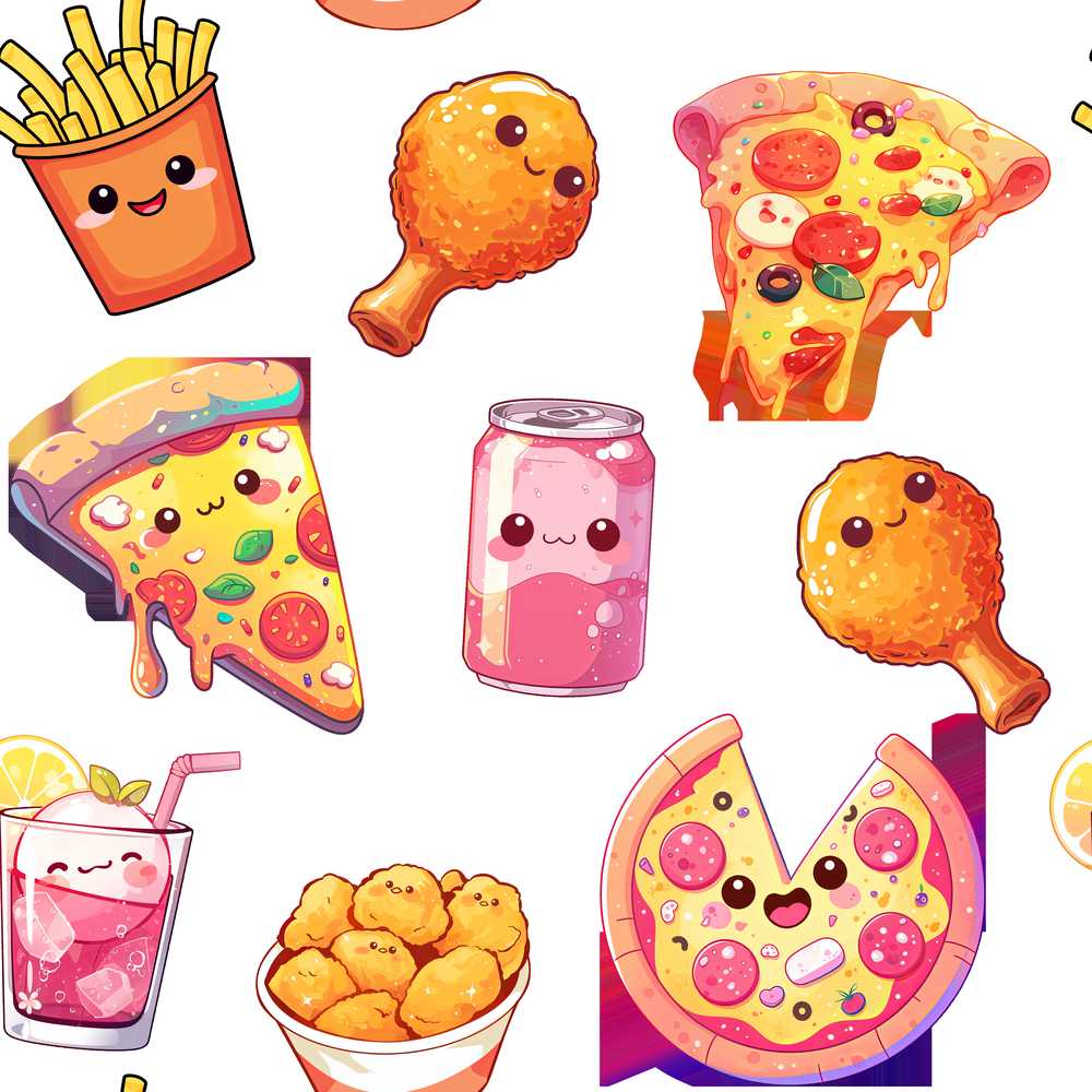 Kawaii Pizza Chicken Soda Fast Food Clean White Background