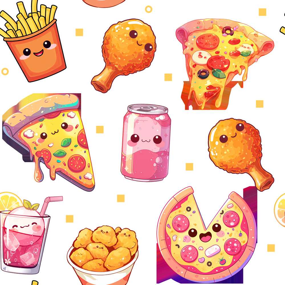 Cute Kawaii Pizza Chicken Soda Fast Food Dot White Background