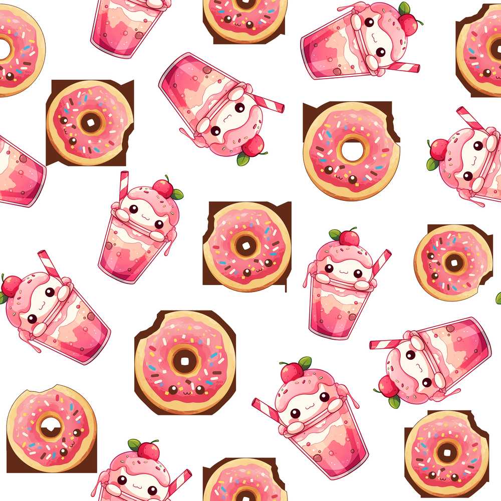 Cute Kawaii Donut Milkshake Dessert Pink White Background