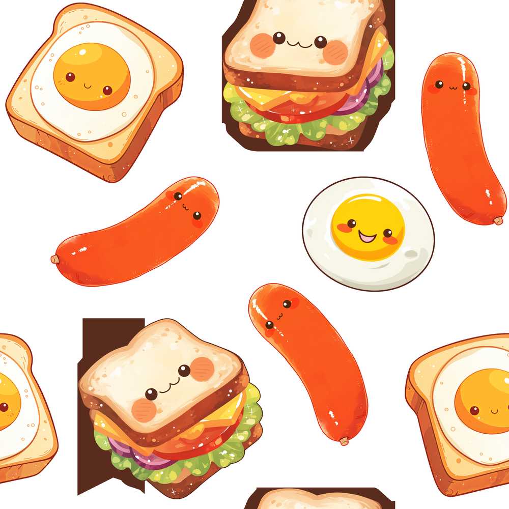 Cute Kawaii Breakfast Eggs Sausage Sandwich White Background