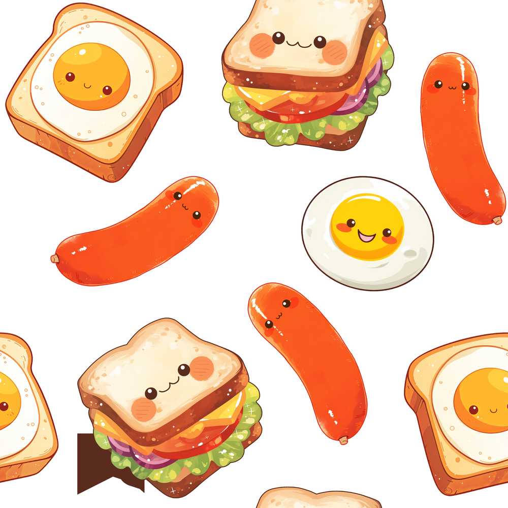 Kawaii Breakfast Food Characters Eggs Toast Sausage Cute