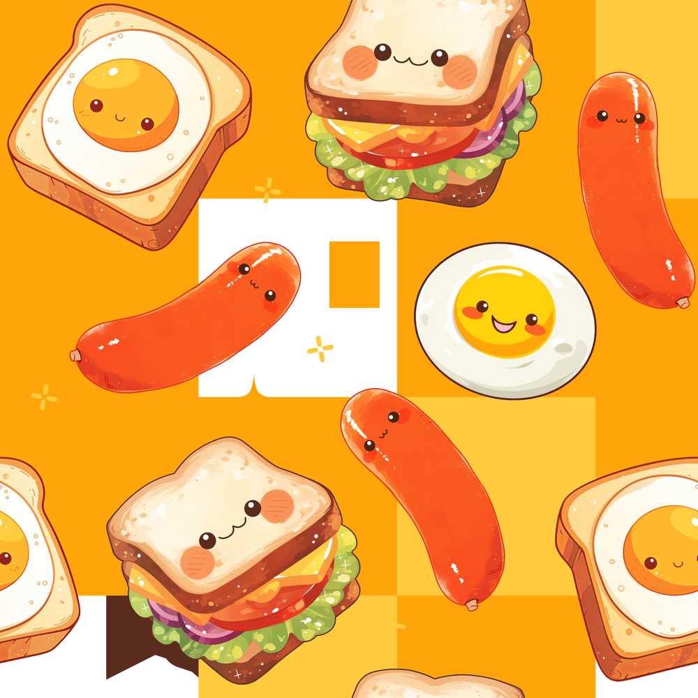Kawaii Breakfast Food Characters Eggs Toast Sausage Sparkle
